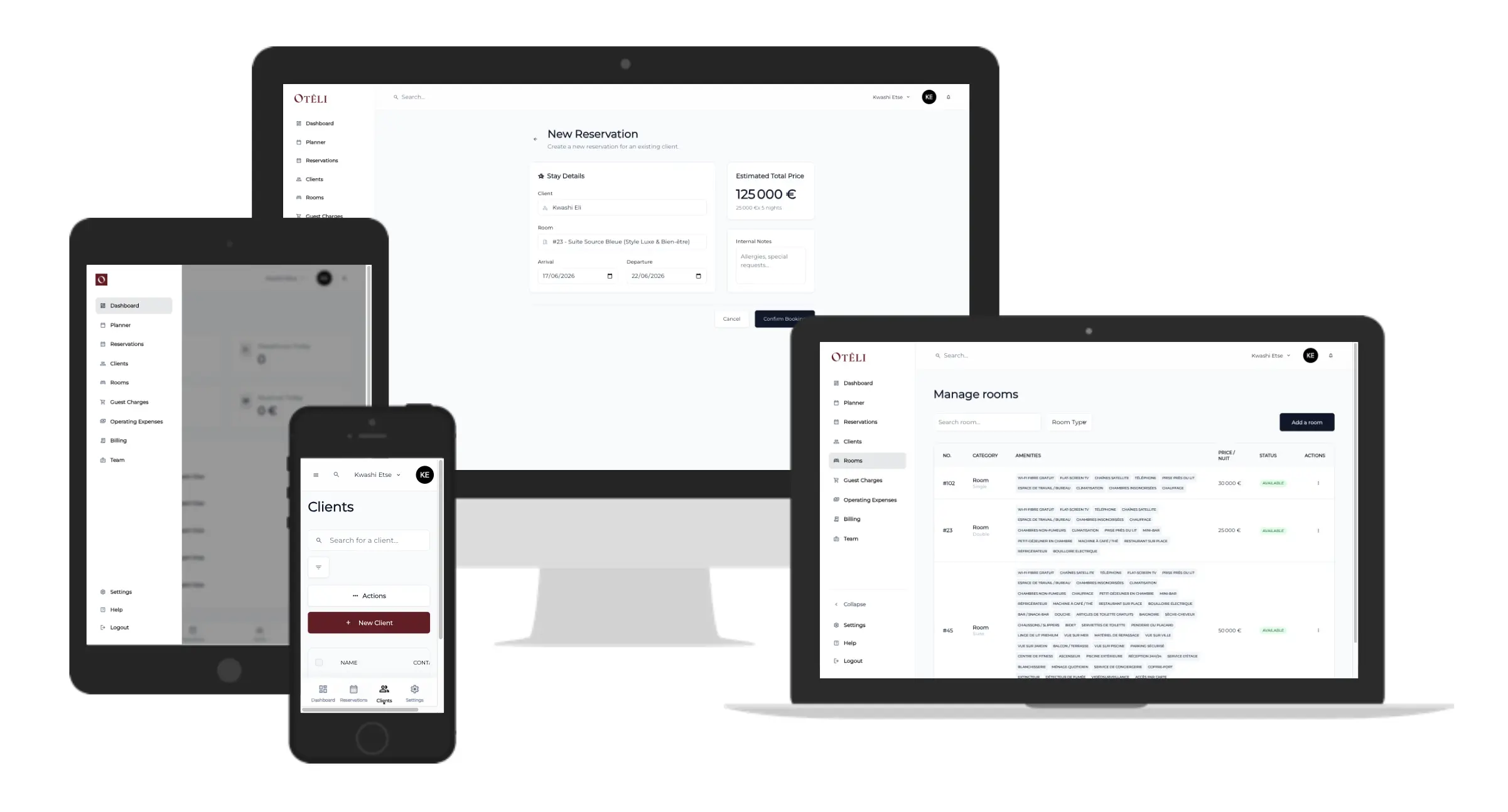 The OTÊLI interface on desktop, tablet, and smartphone