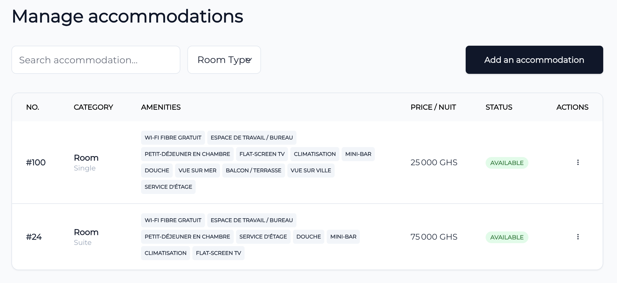 Gestion des hébergements et chambres OTÊLI